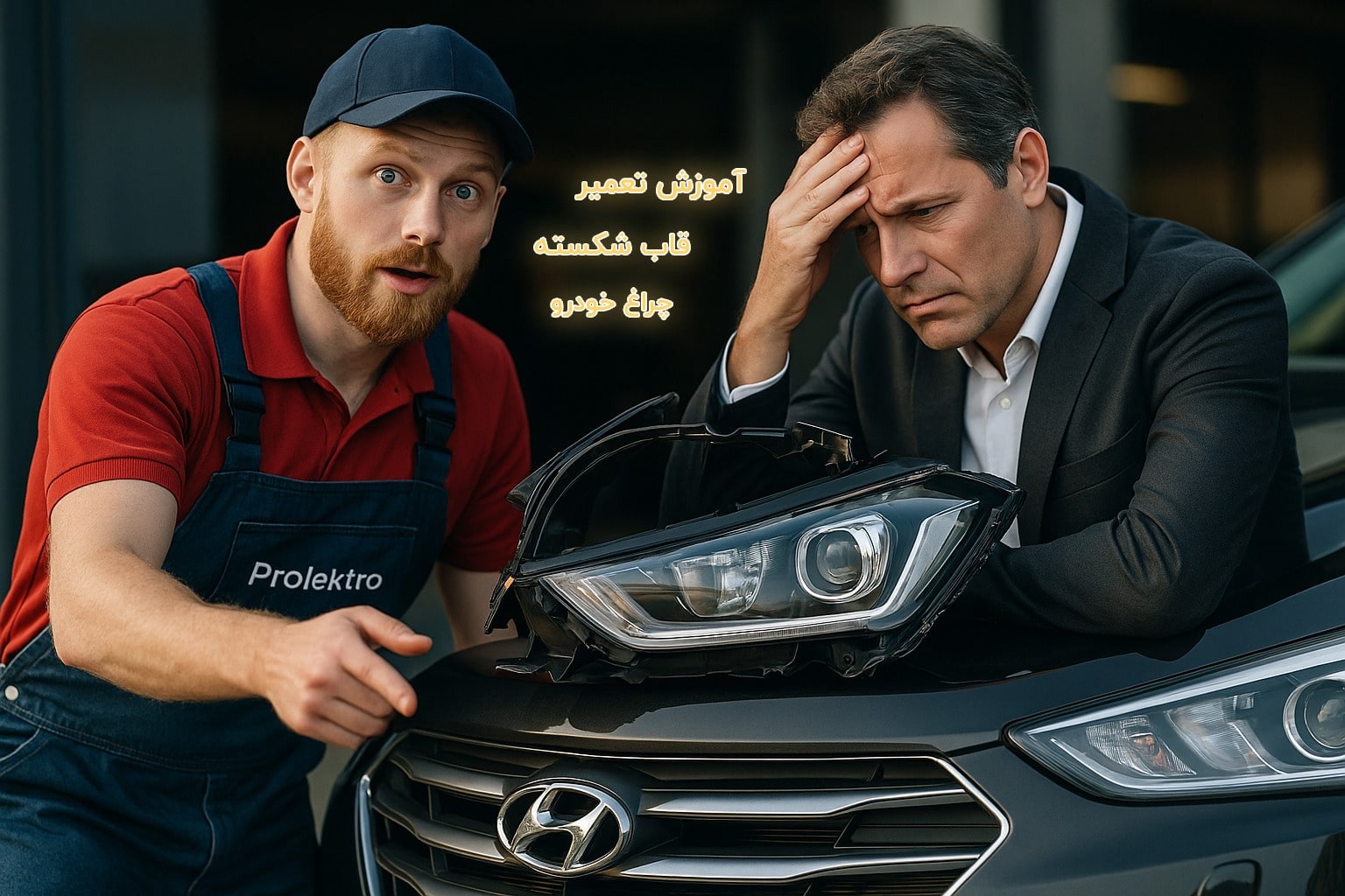 تصویر اپراتور در حال جوش دادن پلاستیک قاب چراغ جلوی خودرو با دستگاه جوش پلاستیک Prolektro – آموزش گام‌به‌گام تعمیر چراغ شکسته