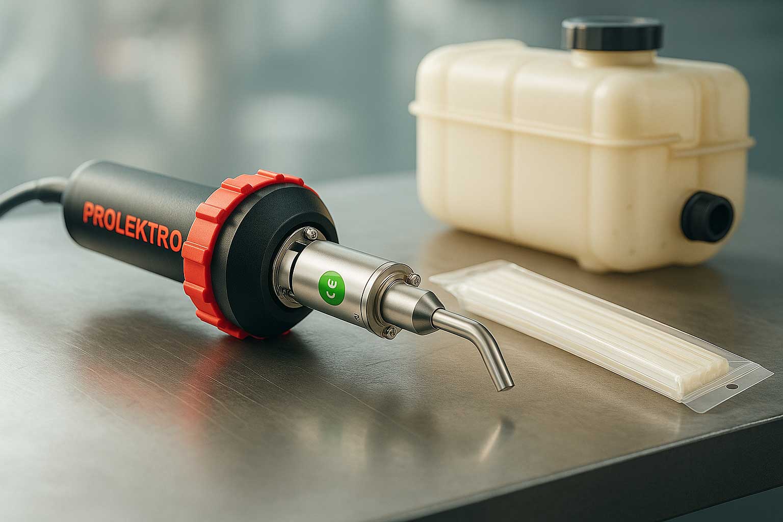 استفاده از سشوار جوش پلاستیک برای انجام جوش پلاستیک روی منبع انبساط خودرو. تصویر نمای نزدیک از استفاده صحیح دستگاه جوش پلاستیک Prolektro برای ذوب یکنواخت پلاستیک و ایجاد اتصال قوی. ابزار حرفه‌ای برای تعمیرات پلاستیکی با دقت بالا و ماندگاری طولانی.