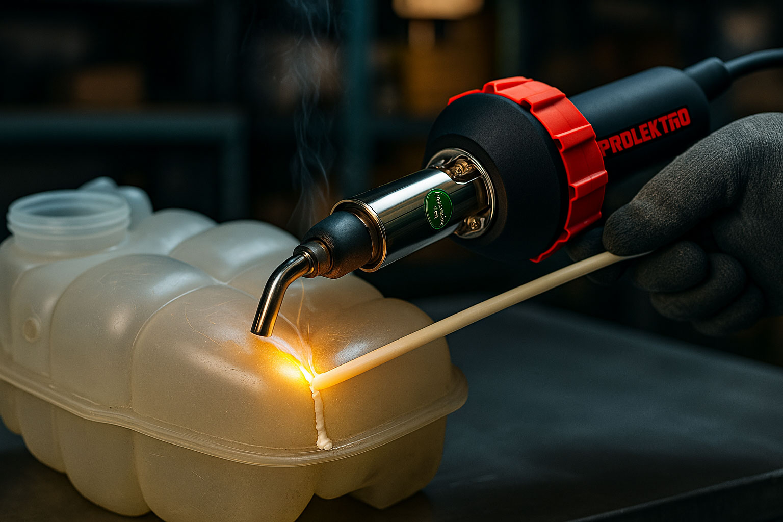 فرآیند جوش پلاستیک منبع انبساط با دستگاه جوش Prolektro مدل 9000. تصویر نشان‌دهنده تعمیر با استفاده از دستگاه جوش پلاستیک با دمای مناسب و جوش مقاوم برای قطعات خودرو. دستگاه جوش پلاستیک Prolektro ابزار ایده‌آل برای جوشکاری دقیق و حرفه‌ای پلاستیک در تعمیرات خودرو